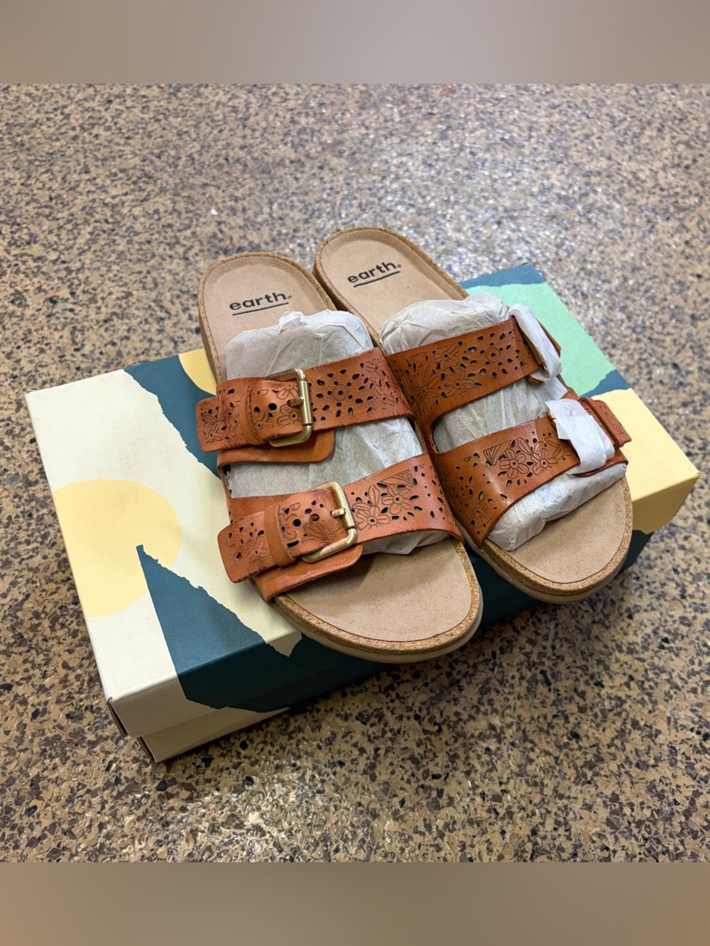 Earth Perforated Double-Buckle Slide Sandals